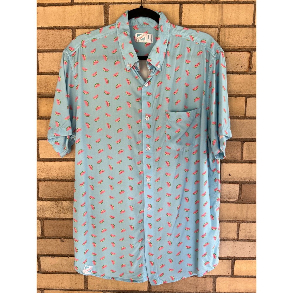 Bermies Watermelon Print Short Sleeve Button Down Shirt Aqua Blue Men's Large